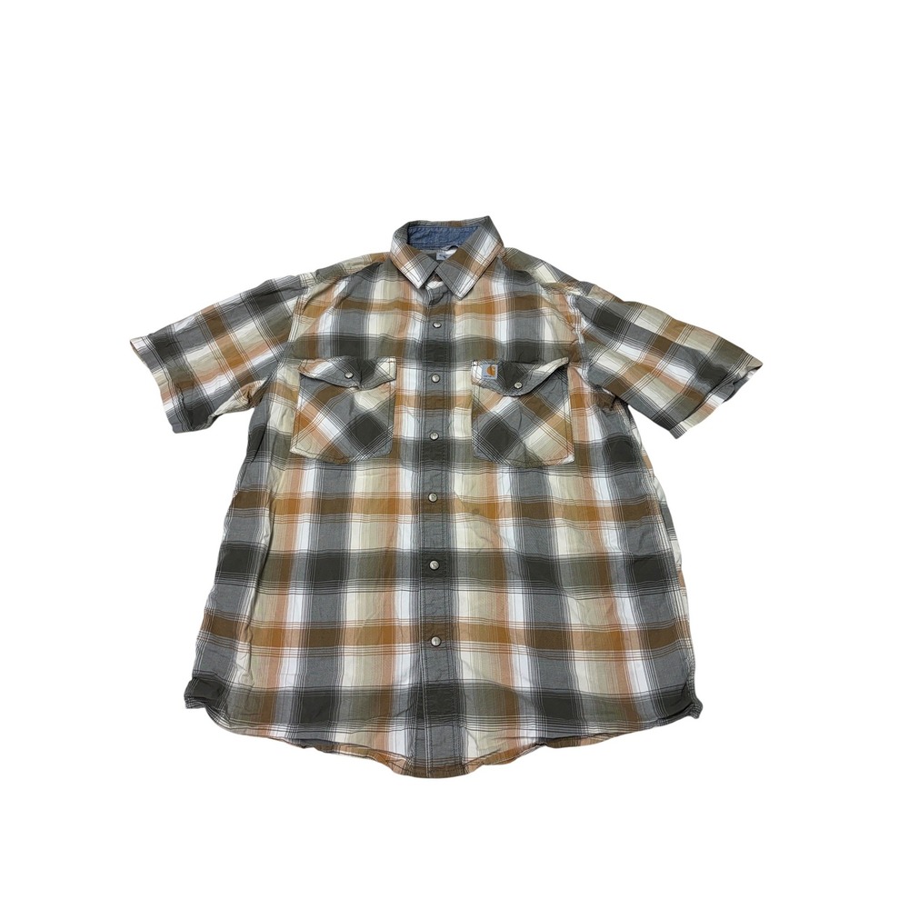 Carhartt Mens Relaxed Fit Plaid Short Sleeve Button Down Shirt Brown Grey‎ M